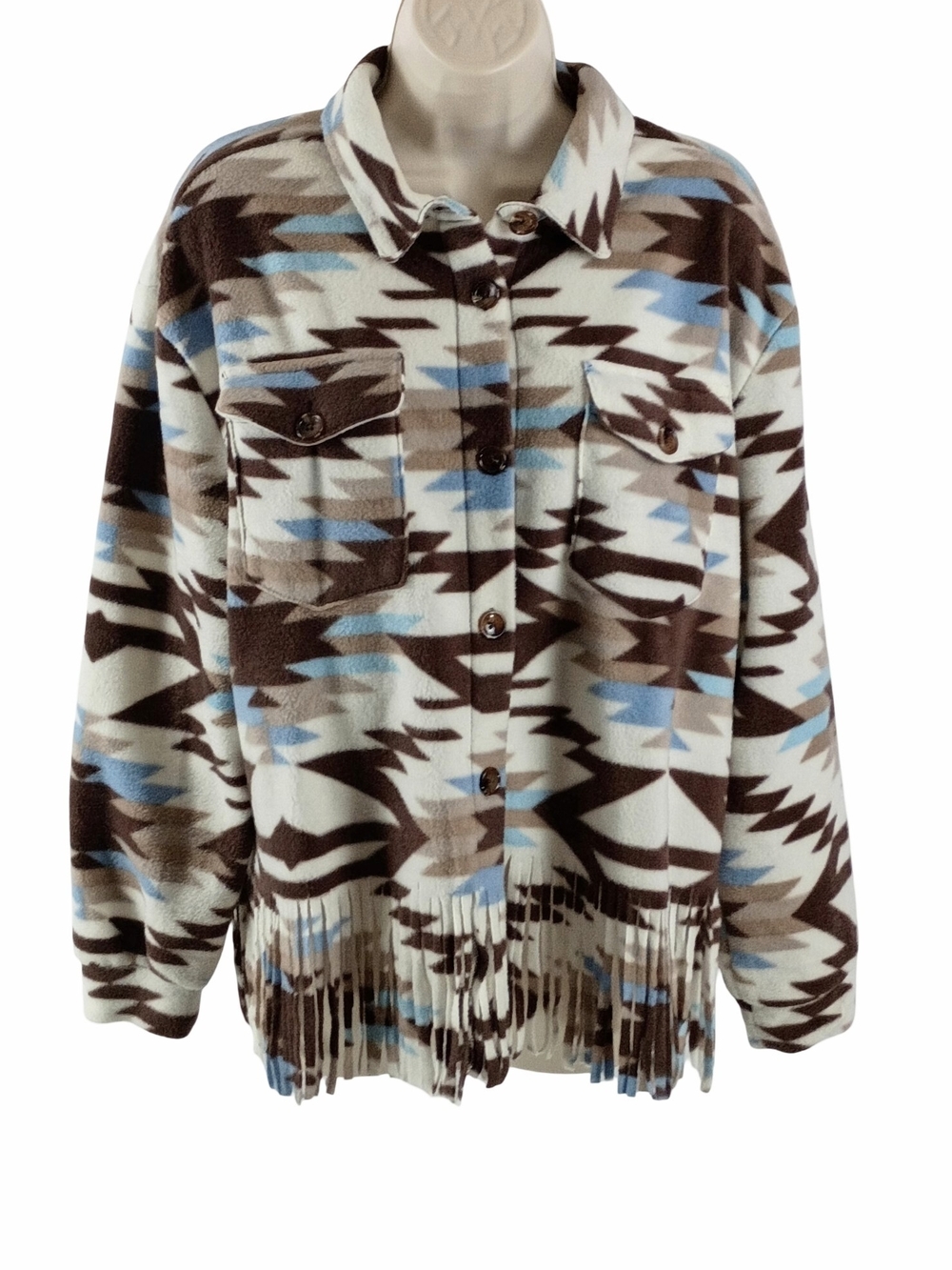 Fringed Fleece Blanket Aztec Print Shacket Jacket in Brown & Light Blue